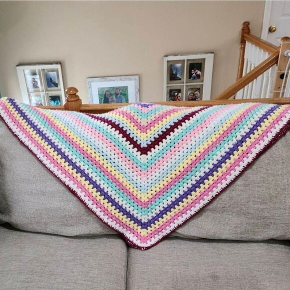 Vintage Granny Square Crochet Multi-Color Afghan Blanket Pink Yellow Purple Gree - Picture 1 of 6